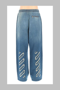 Off-white men’s blue denim joggers with white diagonal stripe embroidery on lower legs for casual wear
