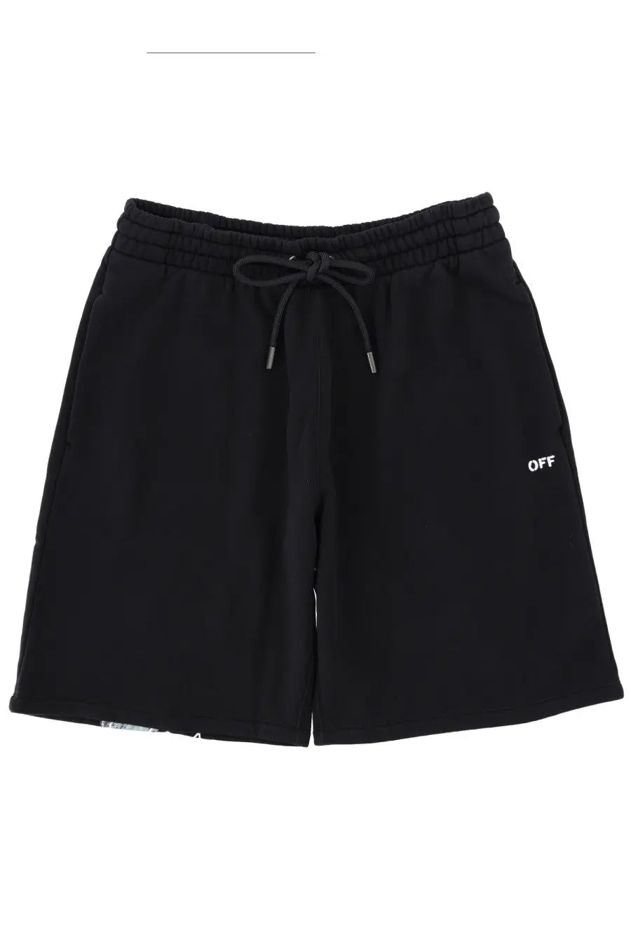 Off-White men’s black cotton shorts with drawstring waistband and white off branding on the lower left leg