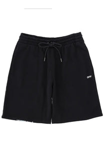 Off-White men’s black cotton shorts with drawstring waistband and white off branding on the lower left leg