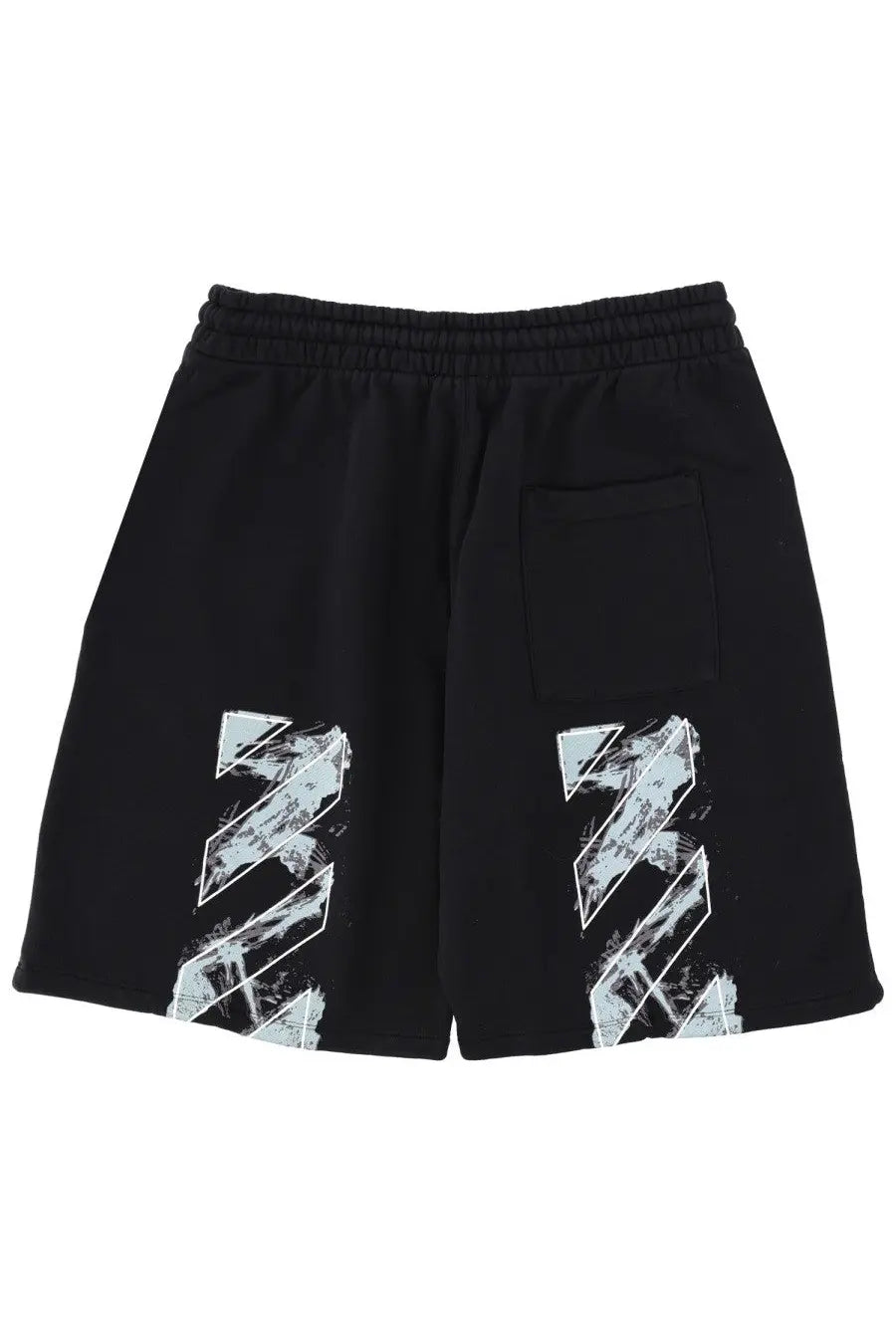Off-white men’s printed black sweat shorts with bold abstract white and gray graphic design on lower legs