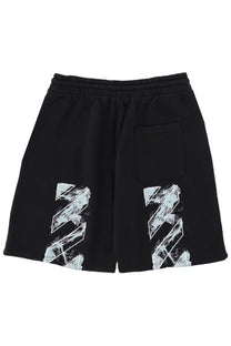 Off-white men’s printed black sweat shorts with bold abstract white and gray graphic design on lower legs