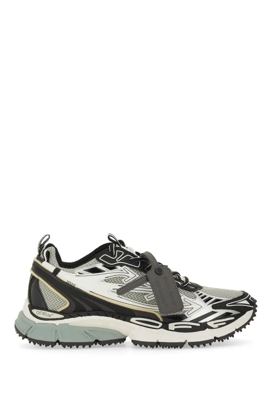 Off-white men’s be right back sneaker in black white and gray with mesh upper bold graphics and chunky sole