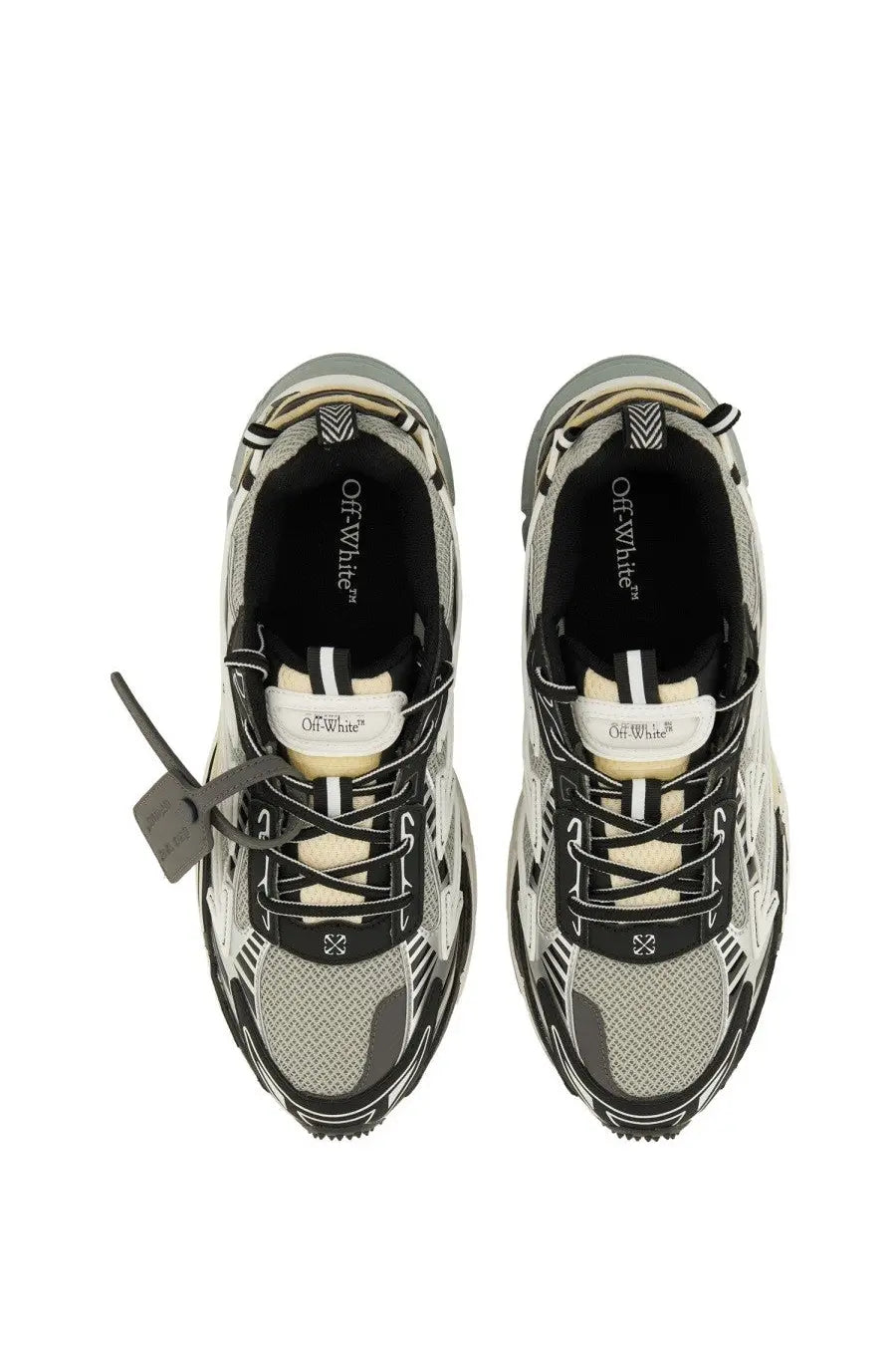 Off-White men’s be right back sneaker in black and gray mesh with white laces featuring a chunky industrial design