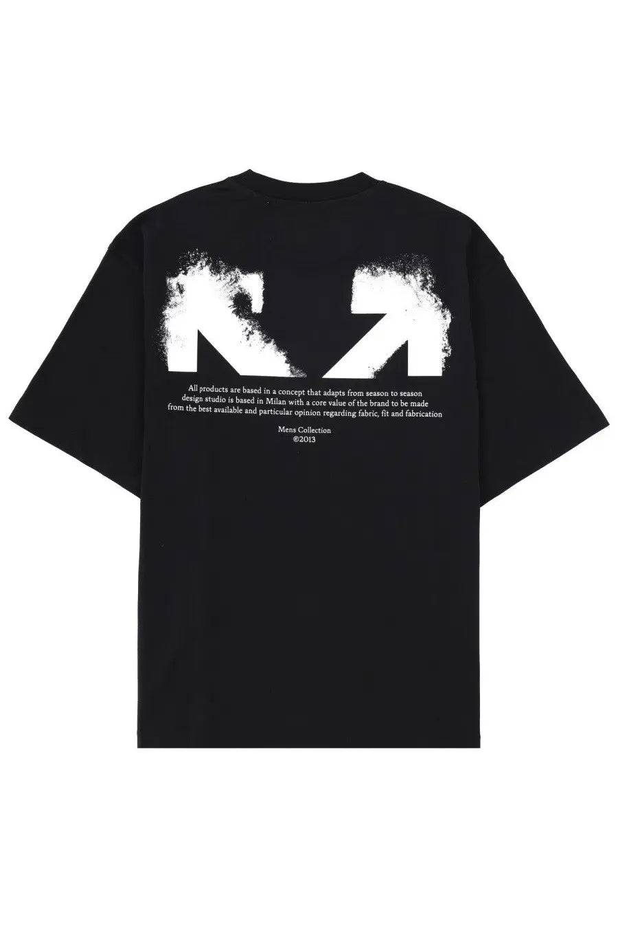Black oversized off-white men’s shirt showing the back with a bold white spray-painted logo and text design