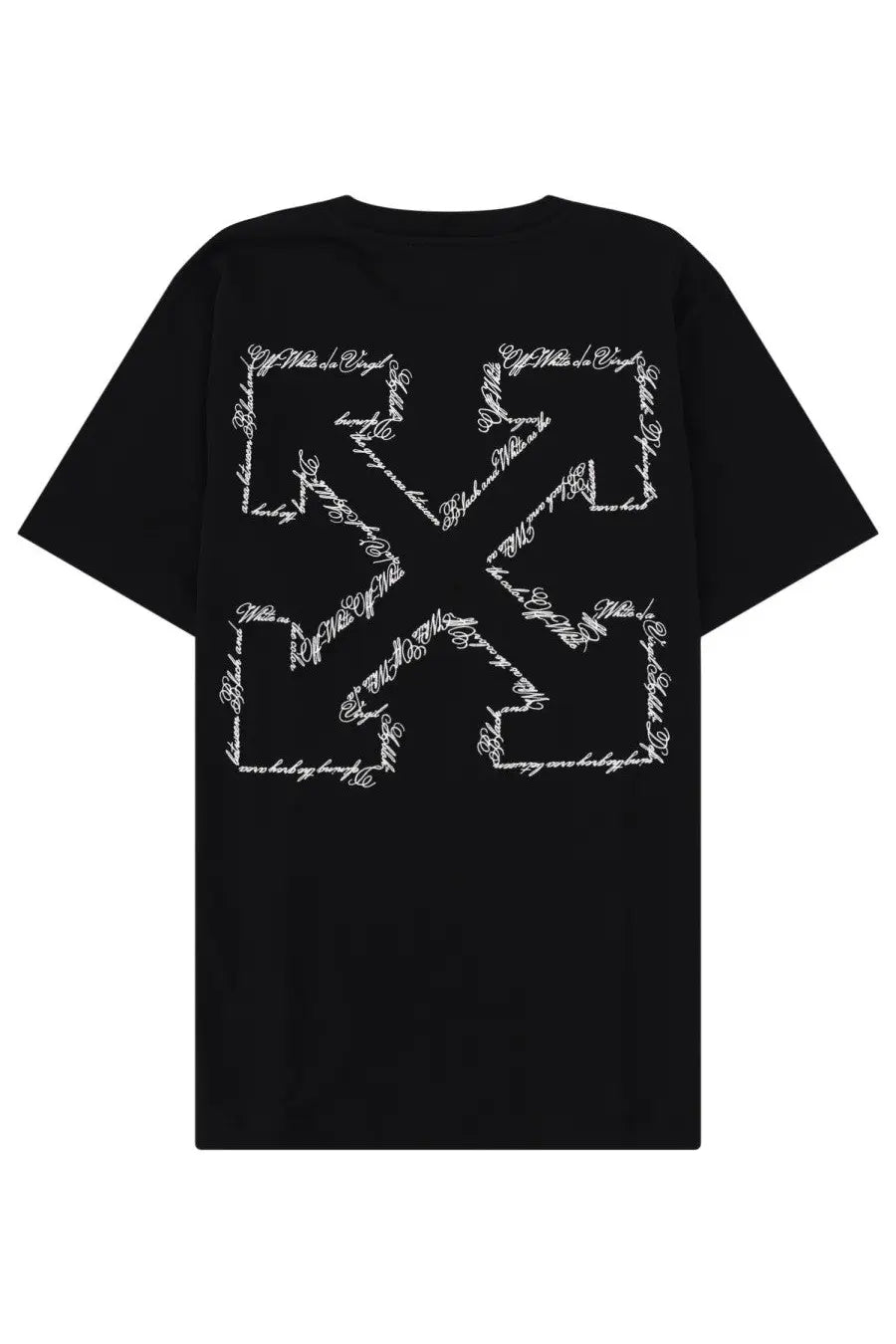 Off-white men’s black t-shirt featuring a large white arrow logo made from handwritten-style text on the front