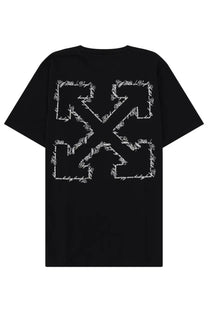 Off-white men’s black t-shirt featuring a large white arrow logo made from handwritten-style text on the front