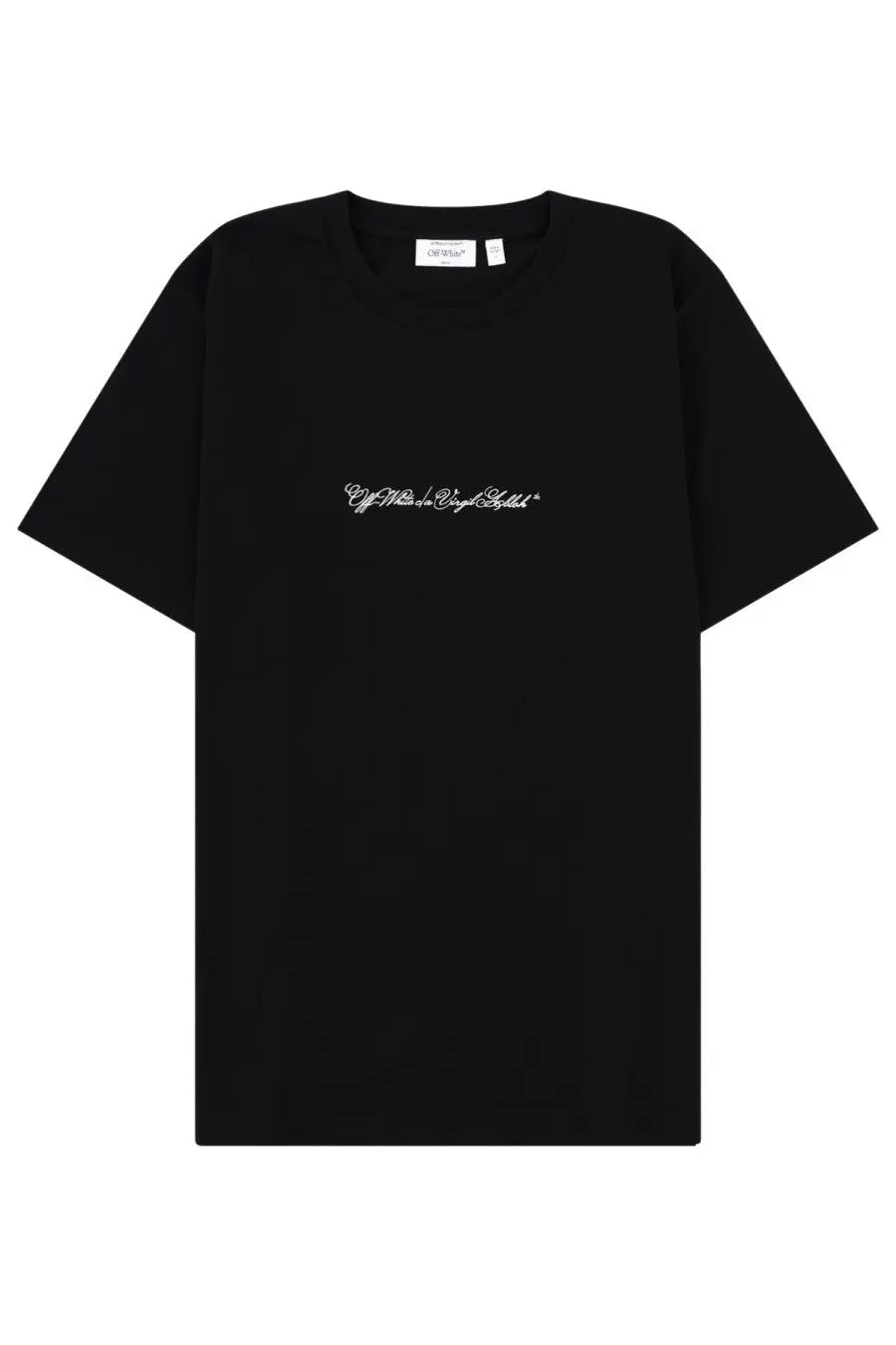 Off-white men’s black t-shirt with white cursive logo embroidered across the chest in cotton material