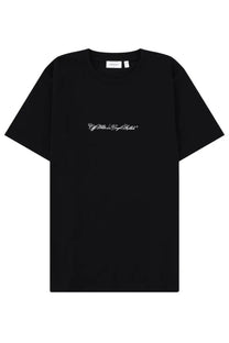 Off-white men’s black t-shirt with white cursive logo embroidered across the chest in cotton material