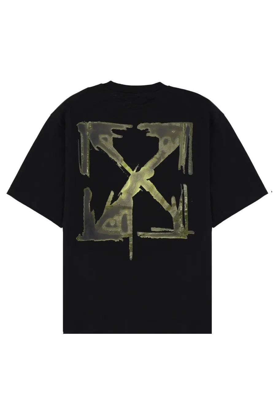 Off-white men’s black t-shirt showing the back with a distressed olive green and gray logo print