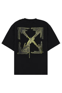 Off-white men’s black t-shirt showing the back with a distressed olive green and gray logo print