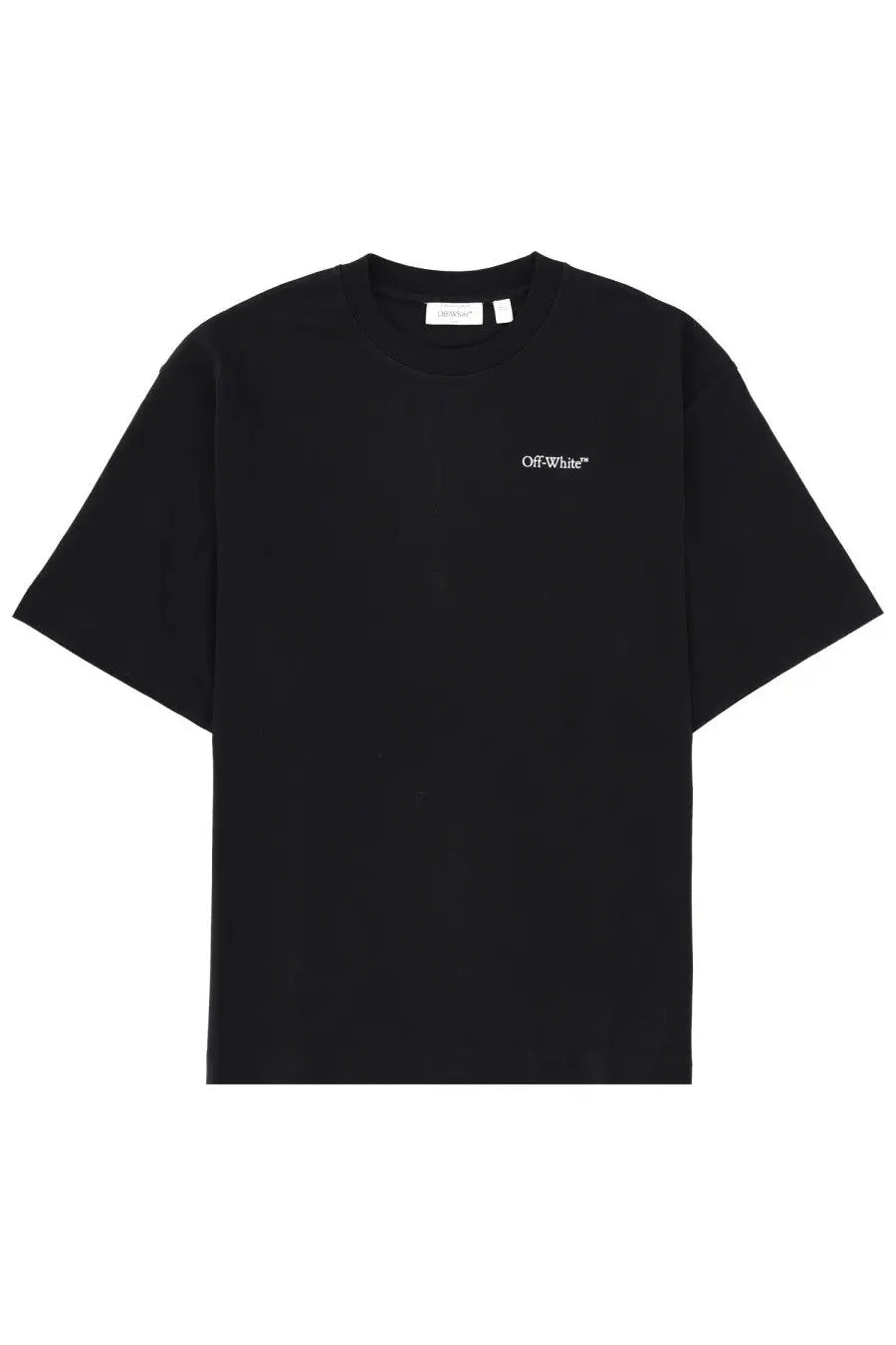 Off-white men’s black t-shirt with minimalist white embroidered logo on left chest in cotton material