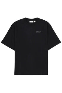 Off-white men’s black t-shirt with minimalist white embroidered logo on left chest in cotton material