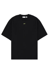 Off-white men’s black t-shirt with a small minimalist gold embroidered off logo on the chest
