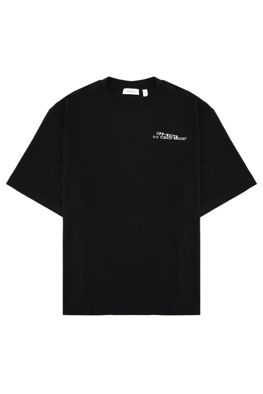 Off-White men’s black oversized t-shirt with white embroidered text on the chest for casual wear
