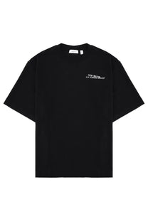 Off-White men’s black oversized t-shirt with white embroidered text on the chest for casual wear