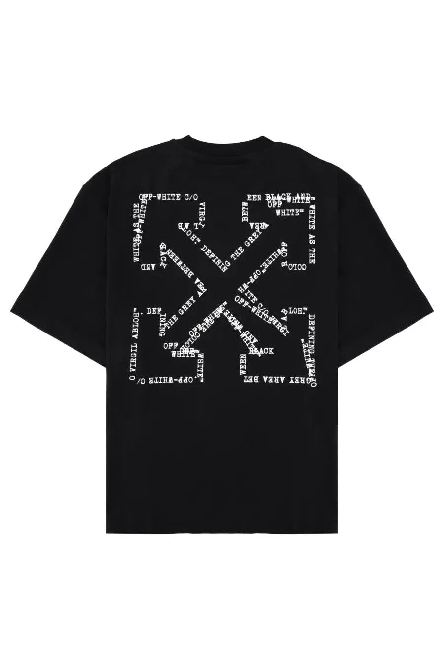 Off-white men’s black t-shirt showing bold white text graphic in x-shape on the back side