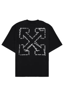Off-white men’s black t-shirt showing bold white text graphic in x-shape on the back side