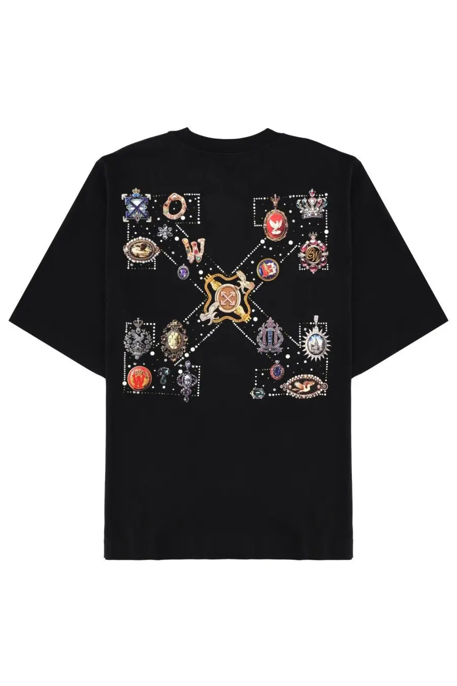 Black off-white men’s t-shirt featuring a bold ornate jeweled x design with intricate medallions and sparkling embellishments