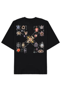 Black off-white men’s t-shirt featuring a bold ornate jeweled x design with intricate medallions and sparkling embellishments