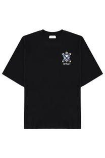 Off-white men’s black cotton t-shirt with detailed embroidered crest logo on the chest for casual wear