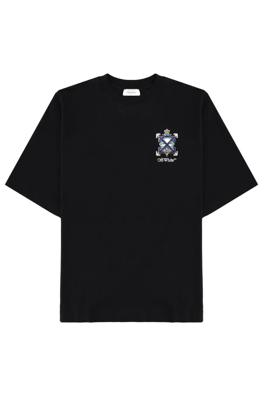 Black off-white men’s t-shirt featuring a detailed embroidered crest logo on the chest in cotton material
