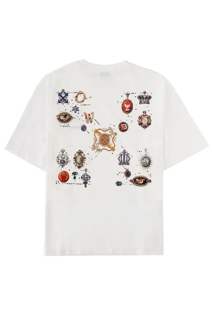 Off-White men’s white short-sleeved t-shirt with colorful vintage-style jewelry and ornamental print on front