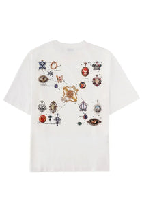 Off-White men’s white short-sleeved t-shirt with colorful vintage-style jewelry and ornamental print on front