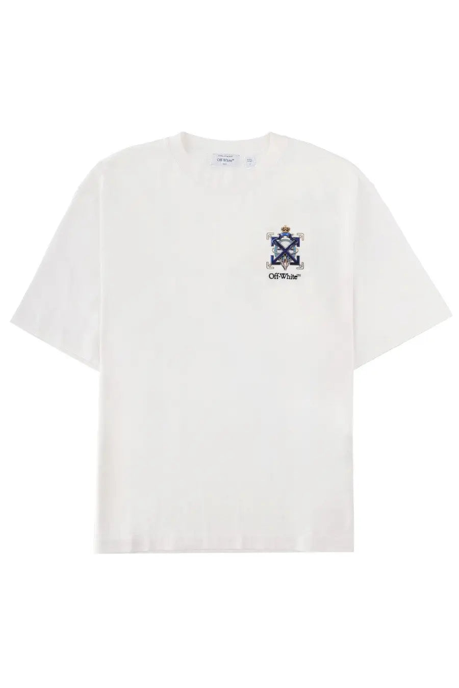 Off-White men’s off-white shirt with navy blue embroidered crown and crossed arrows logo on the chest