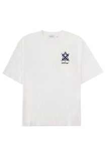 Off-White men’s off-white shirt with navy blue embroidered crown and crossed arrows logo on the chest