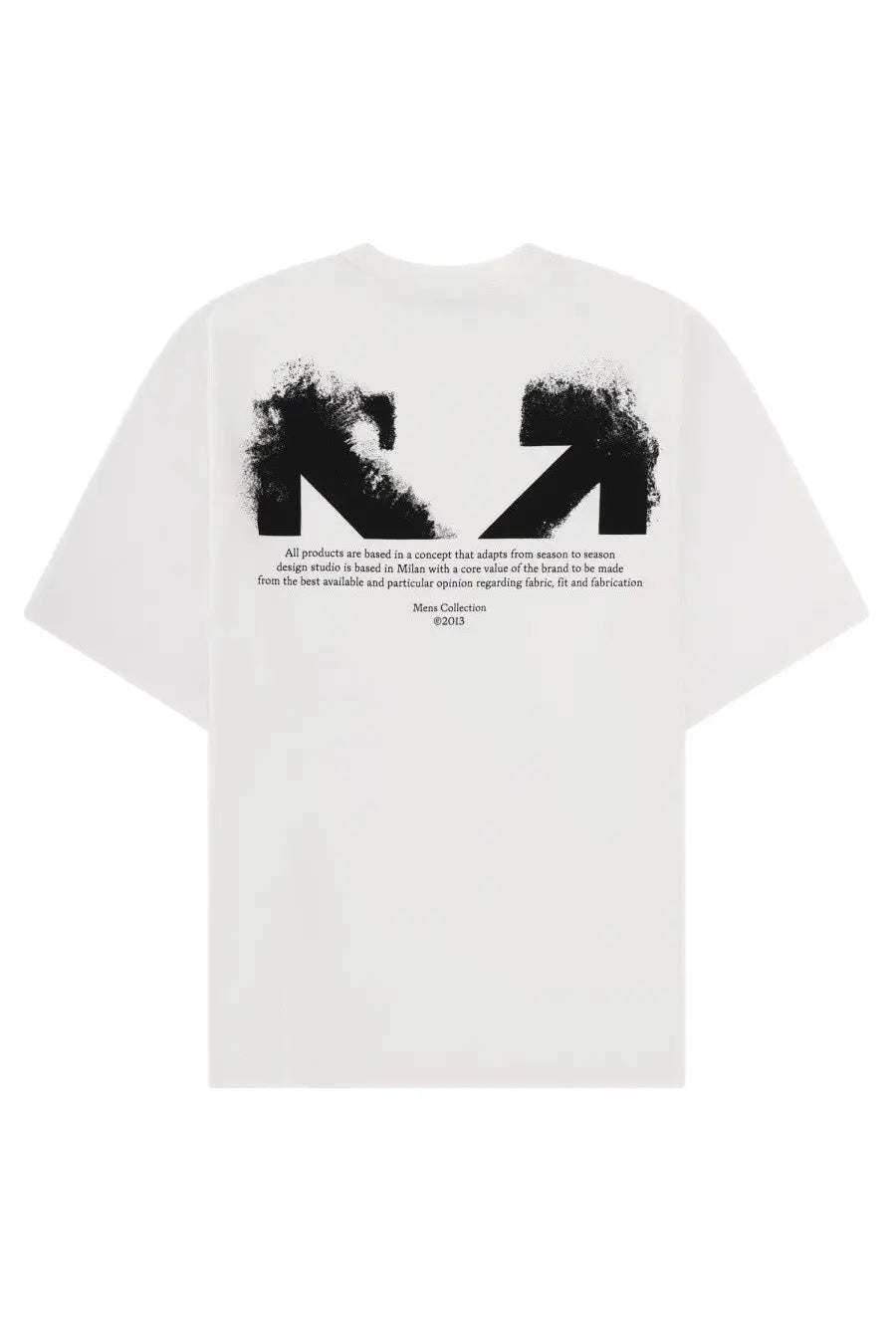 Off-white men’s white cotton t-shirt showing the back with a bold black splattered arrow logo