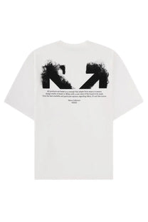 Off-white men’s white cotton t-shirt showing the back with a bold black splattered arrow logo