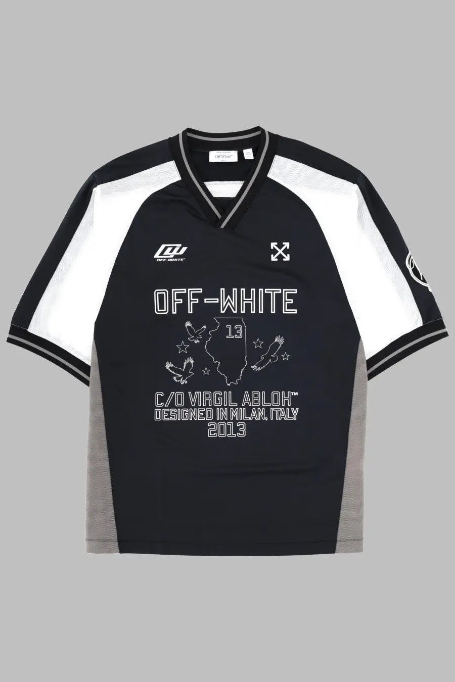Off-white men’s black soccer jersey with white gray accents and illinois graphic featuring eagles and stars