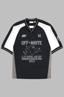 Off-white men’s black soccer jersey with white gray accents and illinois graphic featuring eagles and stars
