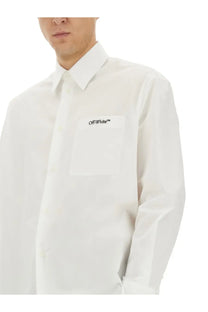 Off-White men’s white long-sleeved button-up shirt with subtle off-white logo embroidered on chest pocket