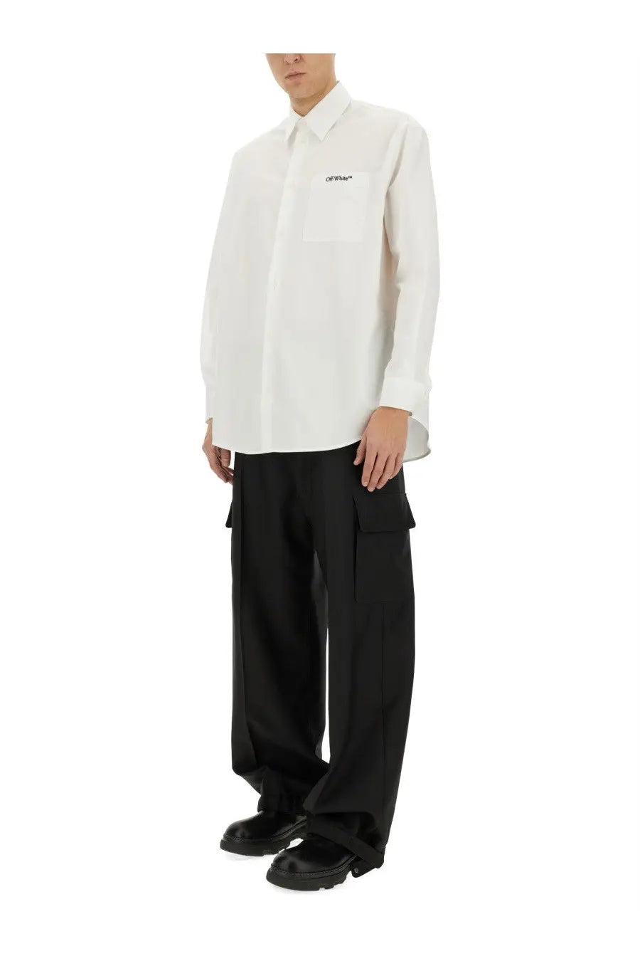 Off-White men’s white long-sleeved button-up shirt with subtle embroidered logo on chest pocket