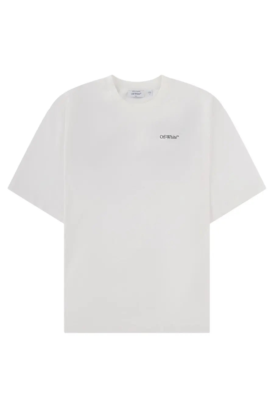 Off-white men’s t-shirt with minimalist black embroidered logo on left chest in soft cotton fabric