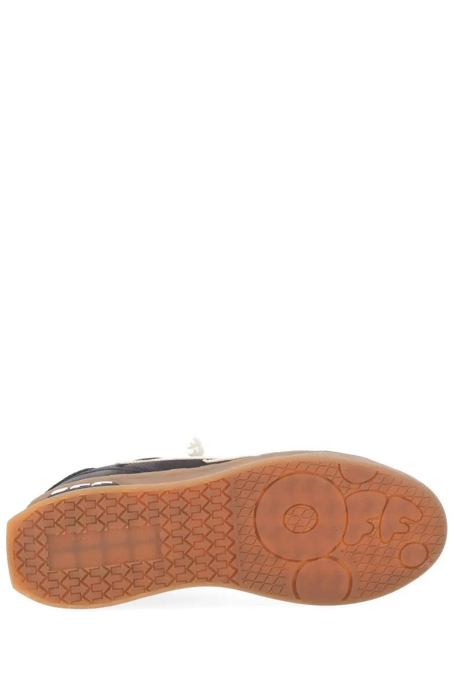 Off-White men’s high-top sneaker end of play black with gum rubber sole featuring hexagonal tread and circular designs