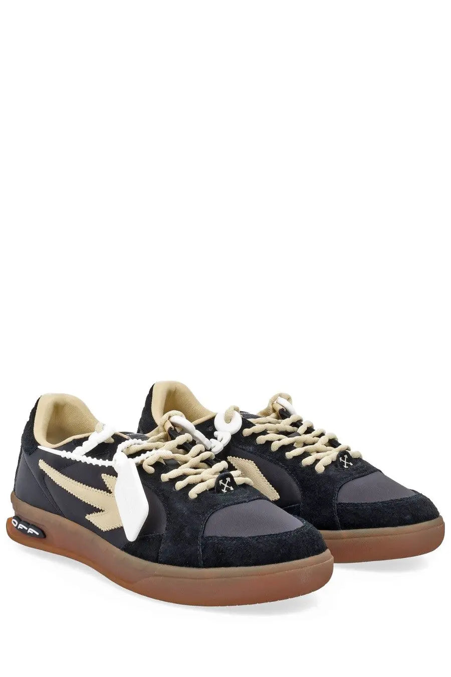 Off-White men’s sneaker end of play black in black suede and canvas with beige accents white laces and tan rubber sole