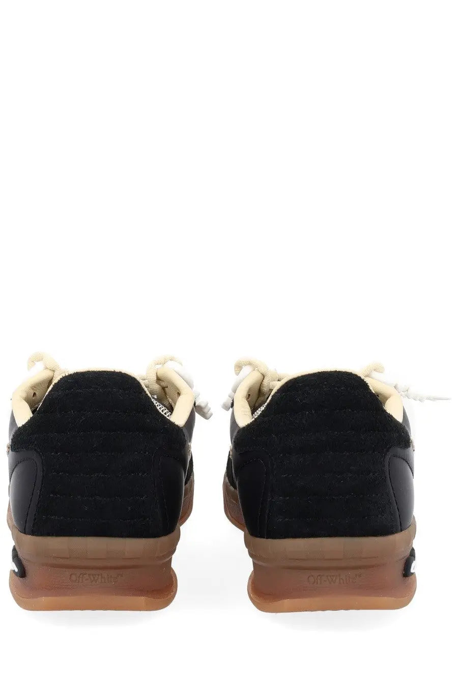 Off-white men’s sneaker end of play black low-top in black suede and leather with beige laces and tan rubber sole back view
