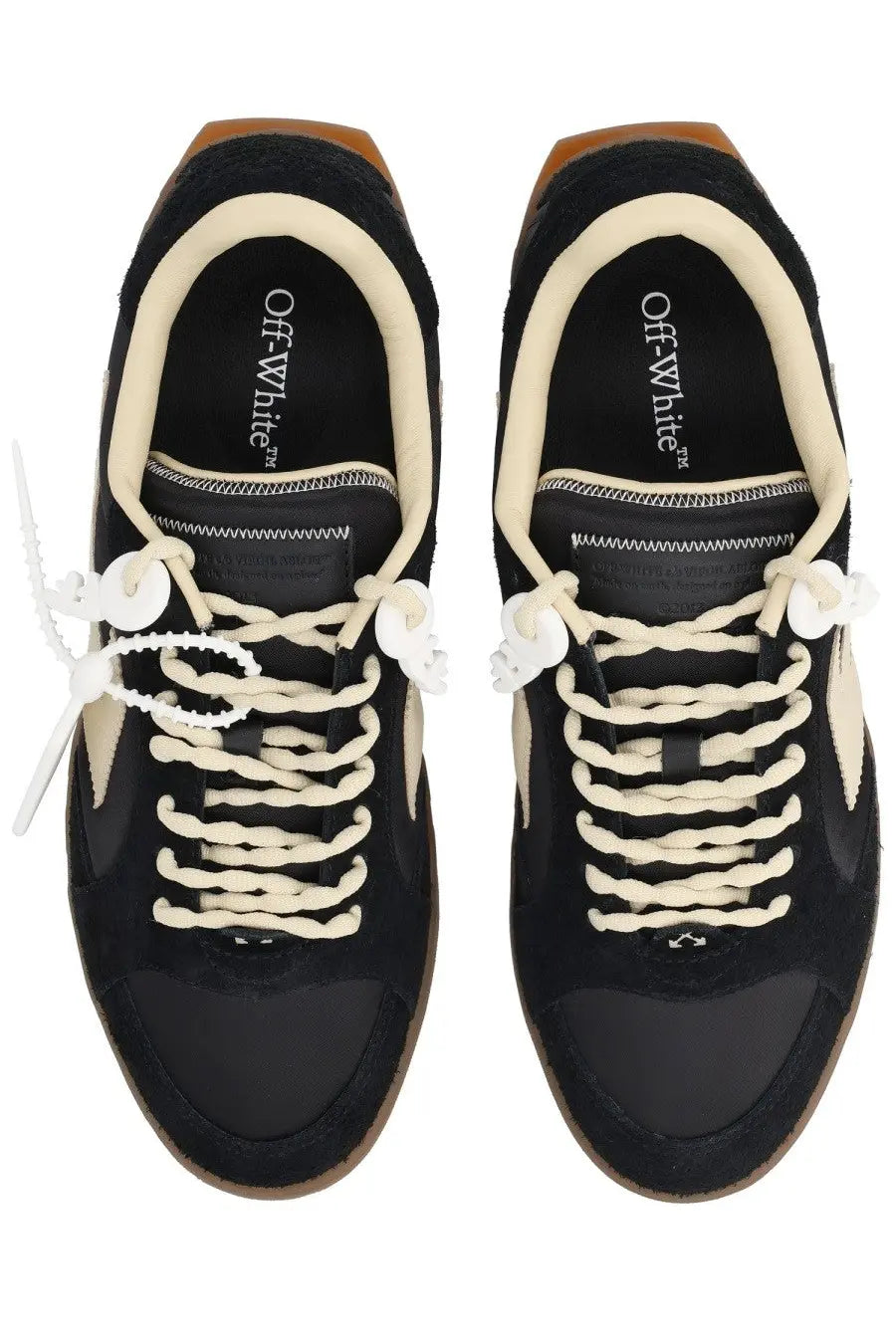 Off-white men’s sneaker end of play black in black suede and rubber with cream laces white lace ties and tan heel tab