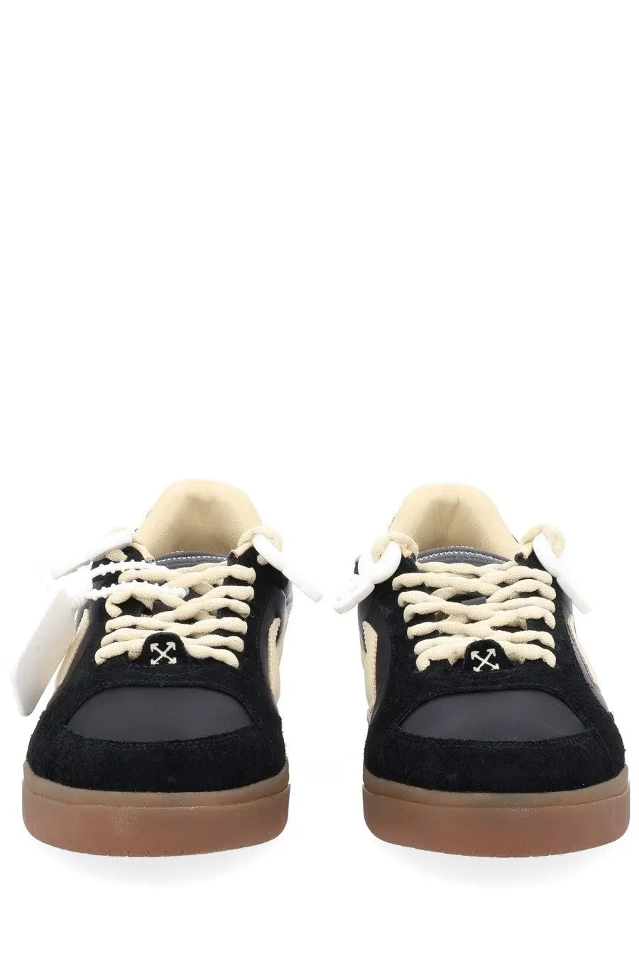 Off-White men’s sneaker End of Play black with black suede, cream laces, gum sole, and off-white logo on the tongue