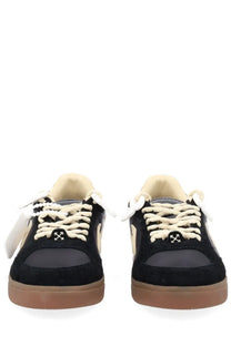 Off-White men’s sneaker End of Play black with black suede, cream laces, gum sole, and off-white logo on the tongue