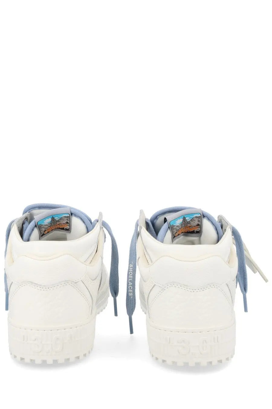 Off-white men’s white high-top sneakers with light blue laces and a small landscape patch on the heel tab back view