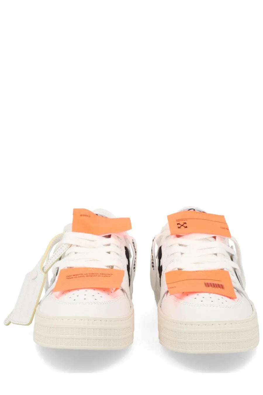 Off-white men’s sneaker low top court white with off-white leather and bold orange velcro straps with black branding details