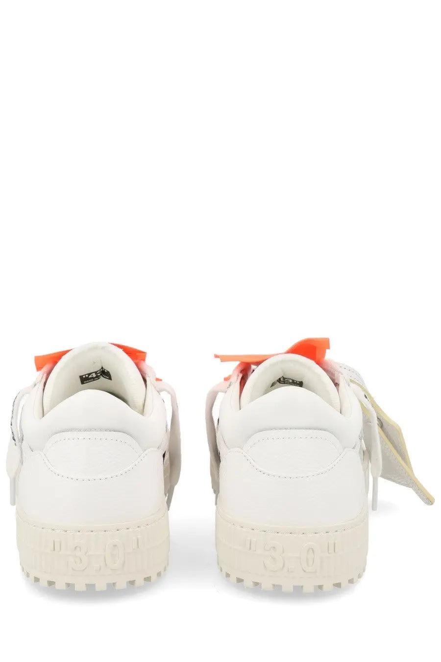 Off White men’s low top court sneaker in white with orange laces and chunky sole for casual wear