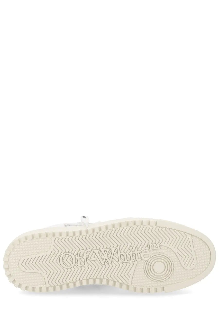 Off-white men’s low top court sneaker in white with textured rubber sole and embossed logo on the side