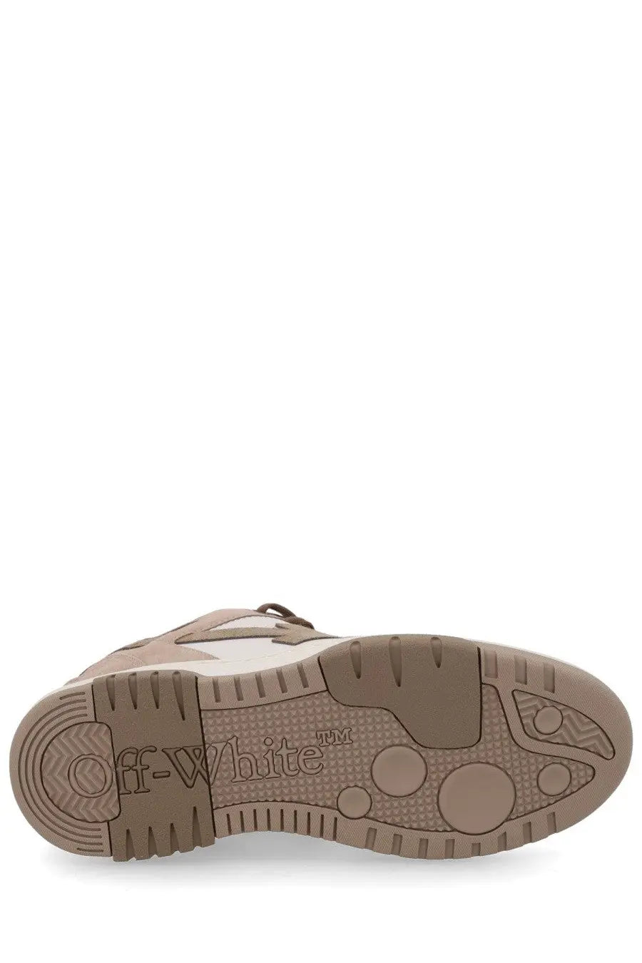 Beige off-white Off-White men’s sneaker Out of Office with high-top design and textured rubber sole embossed branding