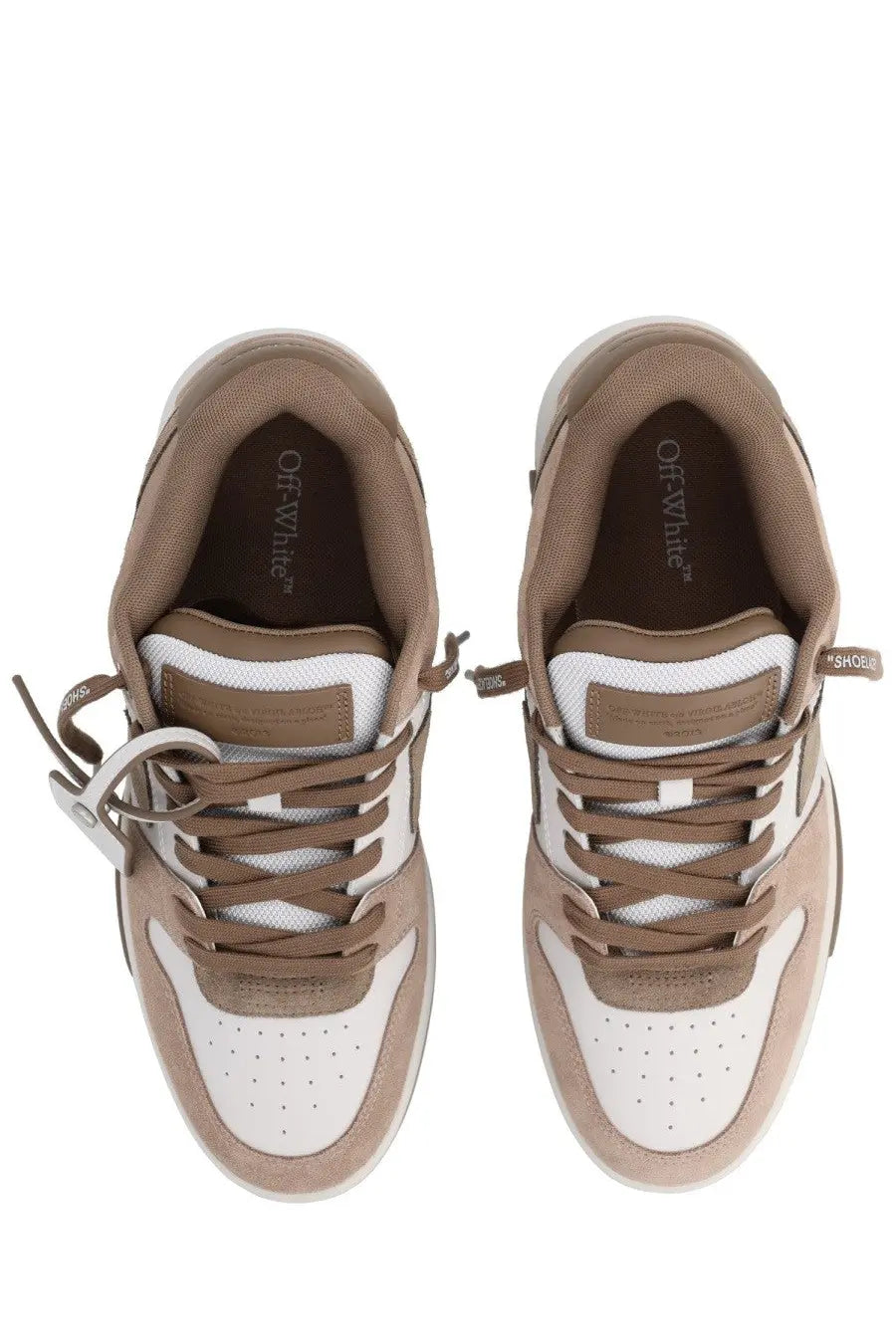 Off-white men’s sneaker out of office beige in tan and white with suede and mesh uppers and perforated toe box