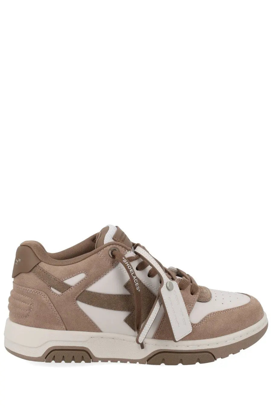Off-White men’s tan and white suede sneaker with distinctive arrow logo in beige for casual office wear