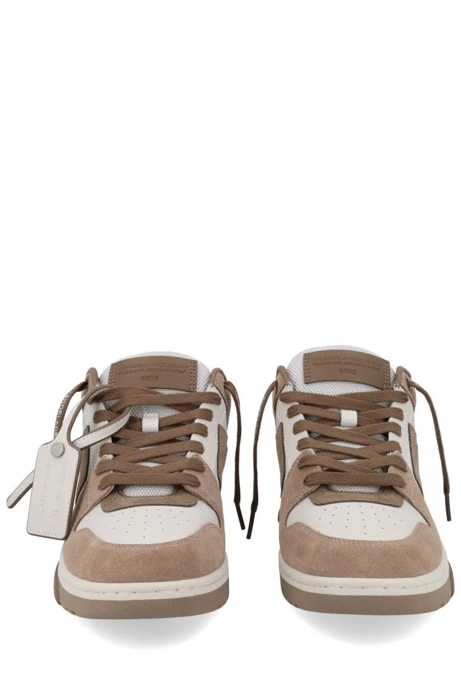 Off-white men’s sneaker out of office beige tan and white suede low-top sneakers with brown laces and matching tag